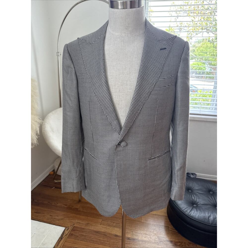 FRERE Black And White Houndstooth Blazer Classic Wool Silk Mens Jacket Sz 42